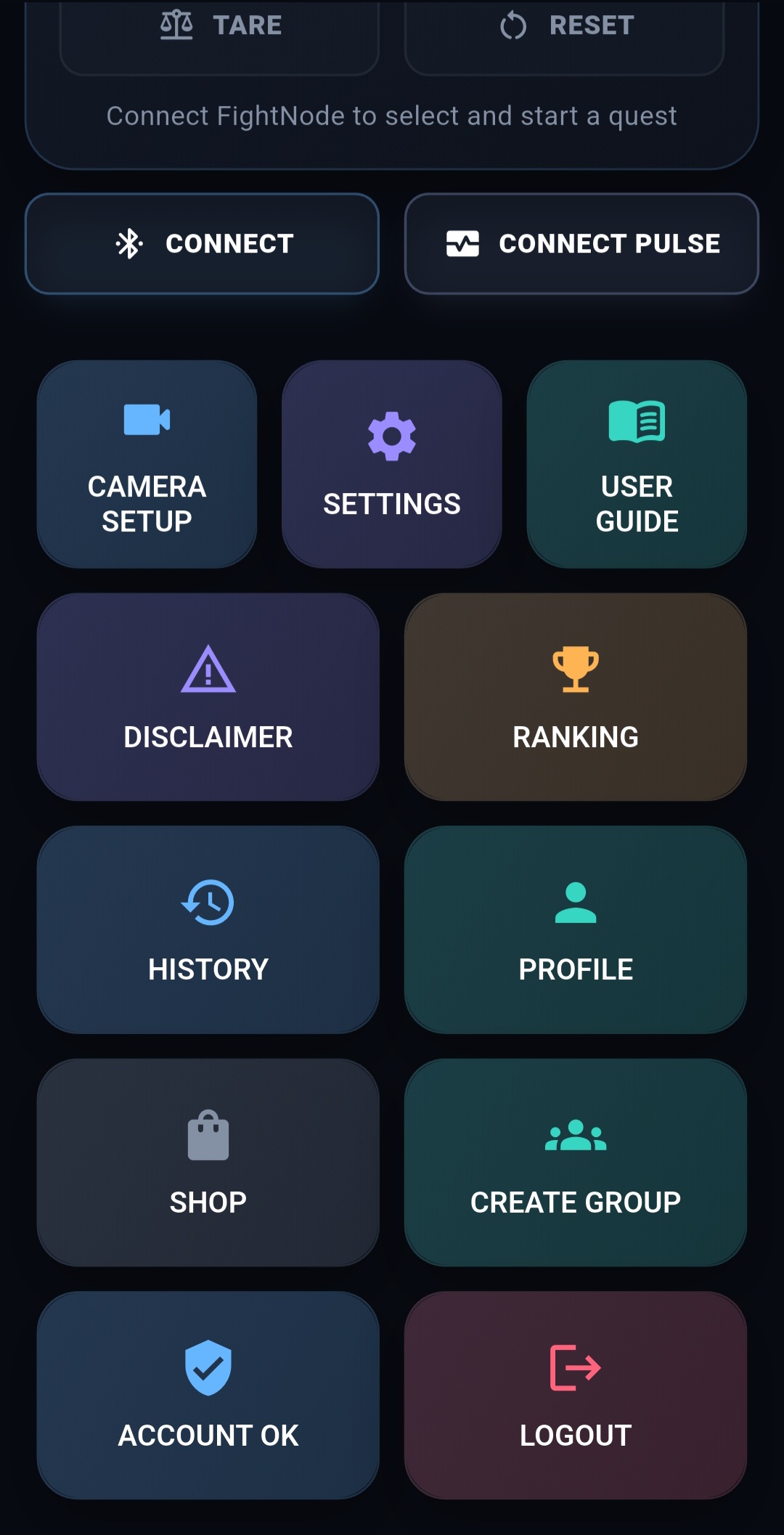 FightNode app tools and main menu
